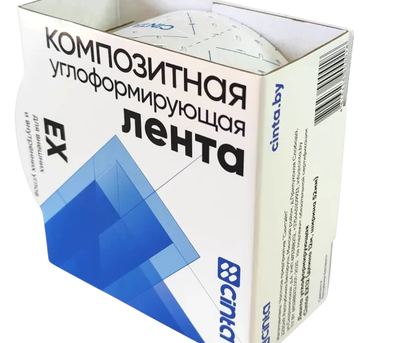 Упаковка углоформирующей ленты cinta EX с перфорацией и линией сгибания по центу. Упаковка белого цвета. рулон помещен в картонную обечайку. вид спереди
