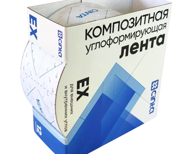 Упаковка углоформирующей ленты cinta EX с перфорацией и линией сгибания по центу. Упаковка белого цвета. рулон помещен в картонную обечайку. вид спереди исбоку.